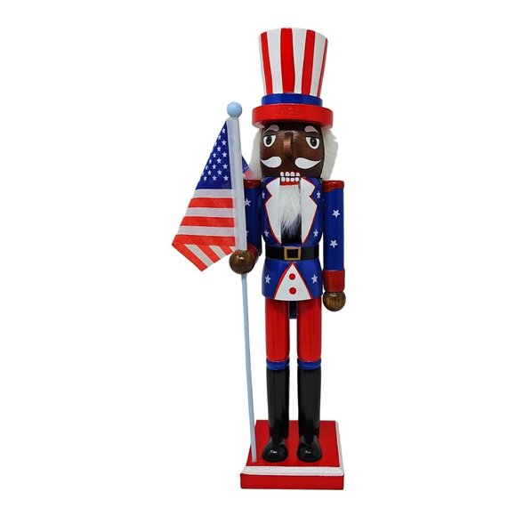 Ethnic Military Patriotic Veteran 15" Nutcracker with USA Flag - Picture 1 of 3